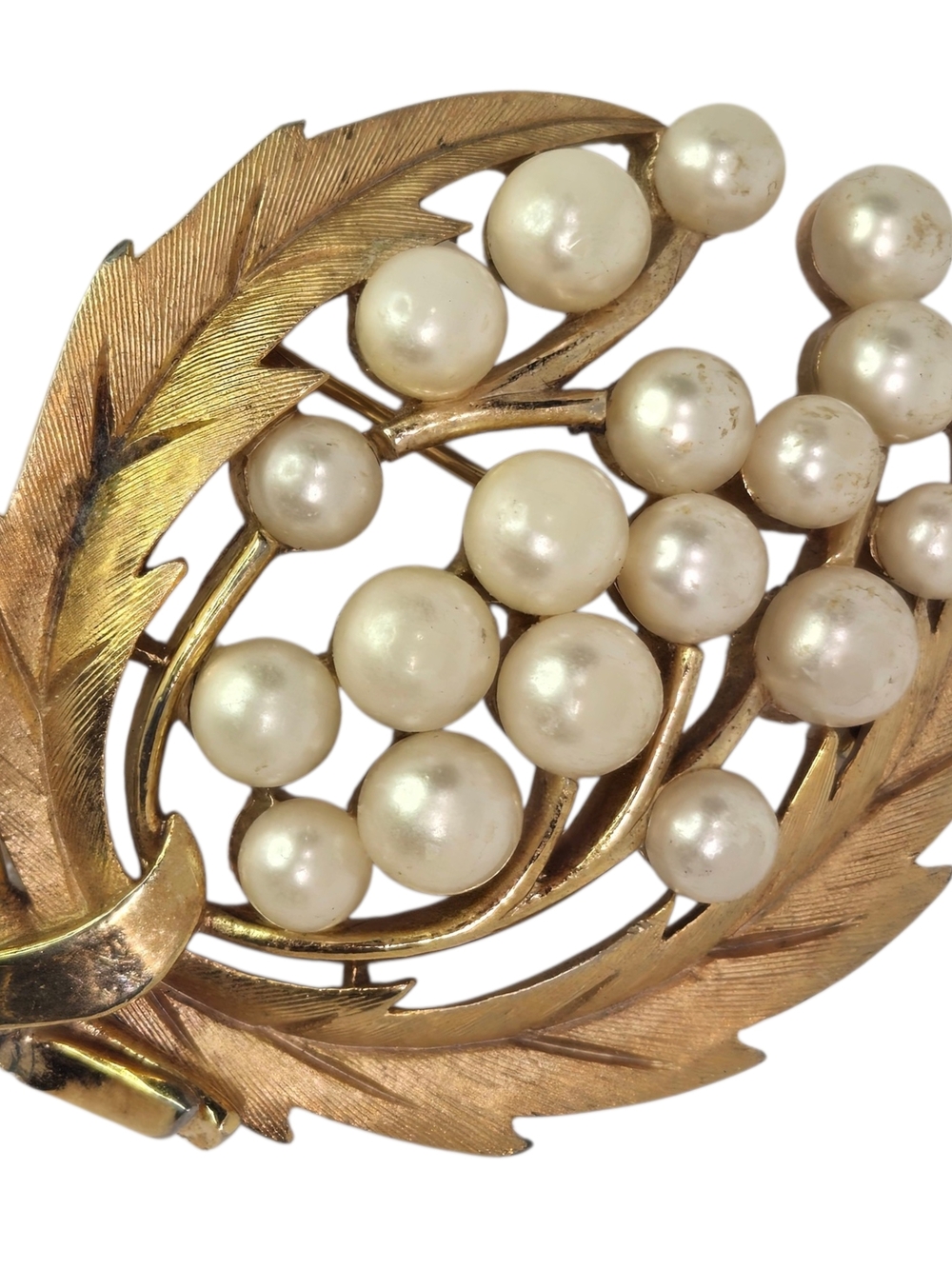 Vintage Gold-Tone Faux Pearl Leaf Brooch - Women Jewelry